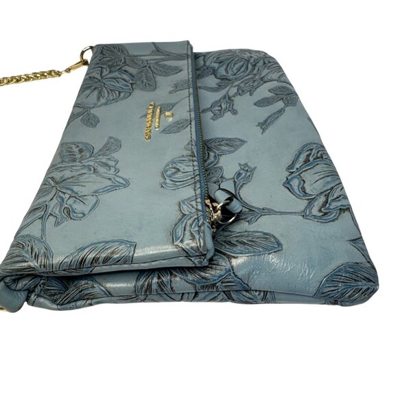 Cuoieria Fiorentina Embossed Blue Floral Leather Crossbody Bag Gold Chain Strap - Picture 3 of 14